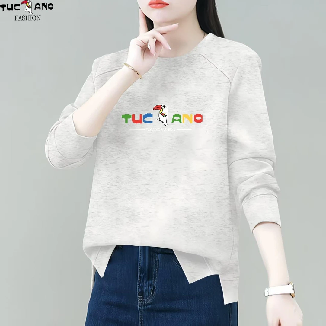 啄木鸟米灰色印花卫衣女2025年新款春秋季圆领短款妈妈款长袖上衣