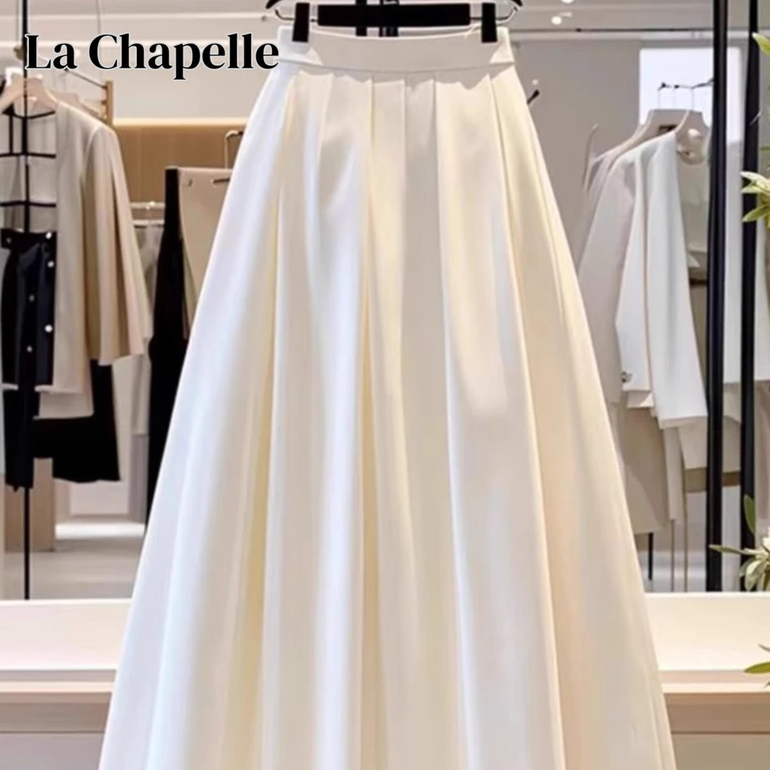 拉夏贝尔气质白色垂坠感半身裙女夏新款修身显瘦中长款a字百褶裙