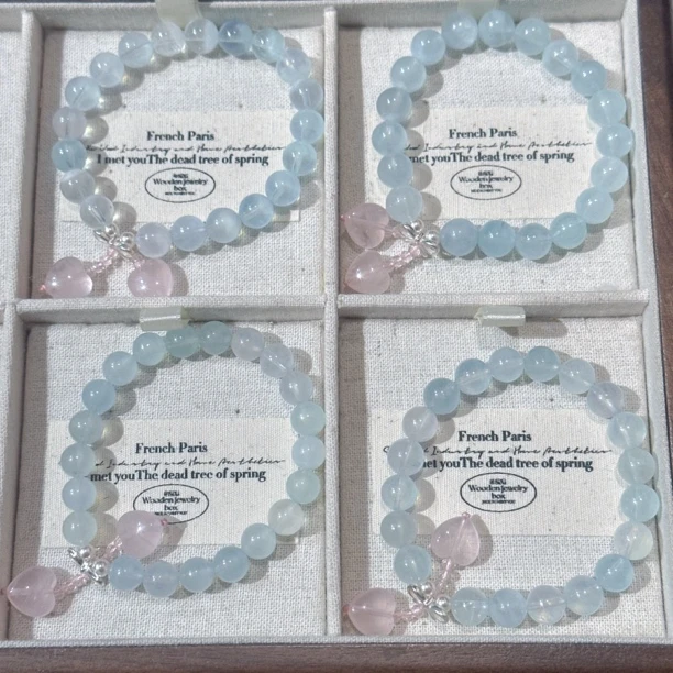 SG2966-［丝带粉双心］海蓝宝粉水晶手串均有色差瑕多样性发