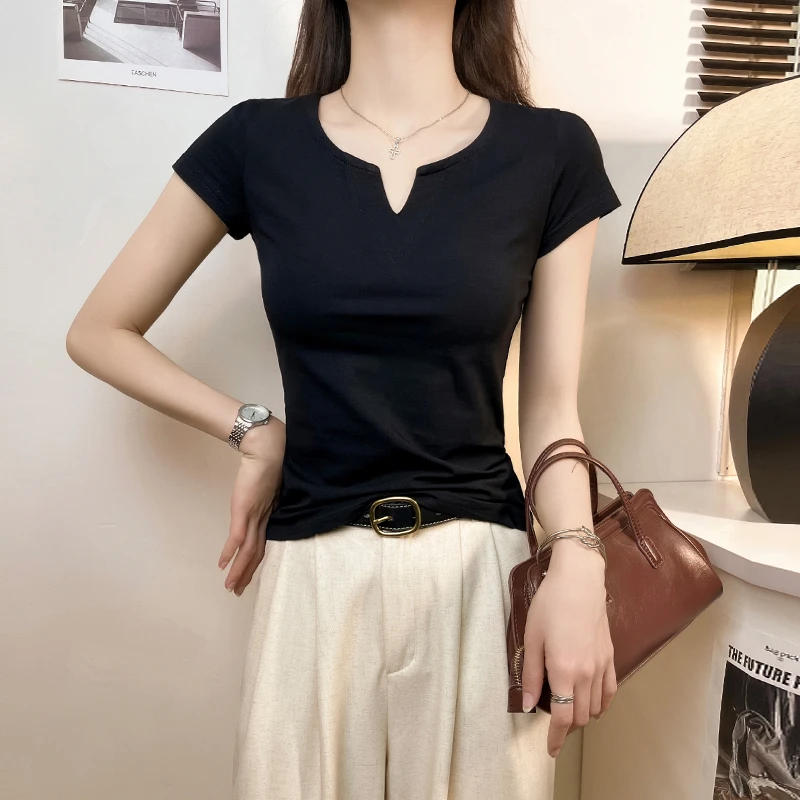 黑色小v领t恤女短袖修身夏季2025新款高腰百搭小个子紧身洋气上衣