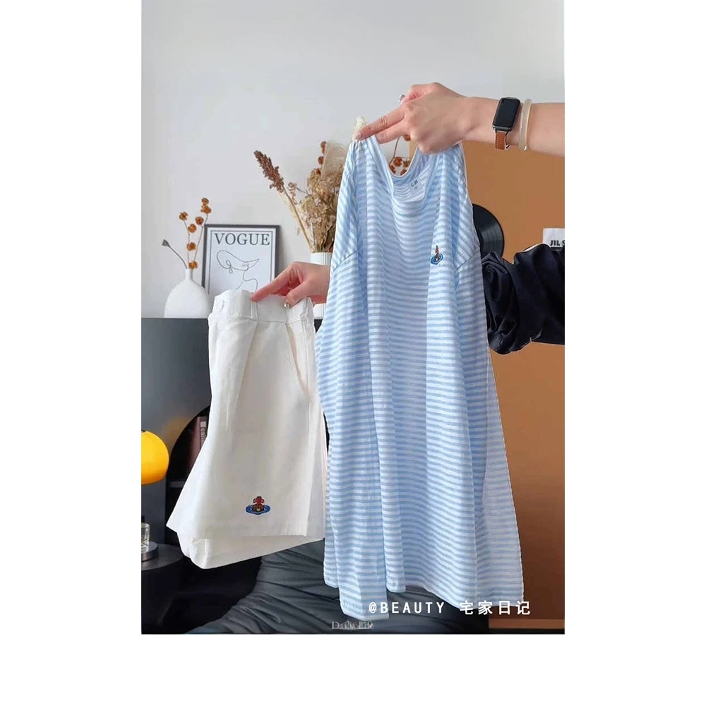 薄款透气蓝色条纹长袖睡衣女款夏季慵懒松弛感短裤家居服套装外穿