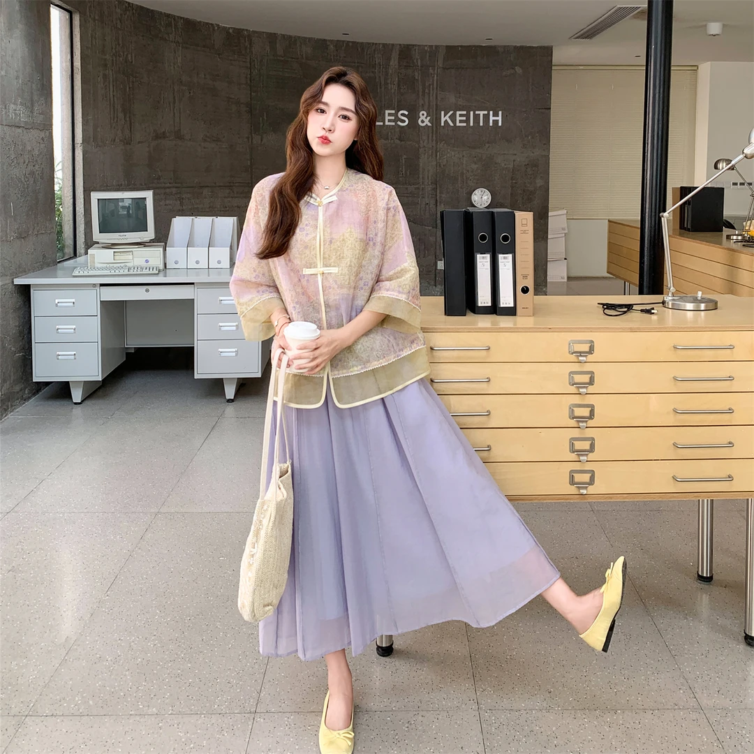 韩版紫色半身裙套装女2025夏季新款时尚气质减龄渐变短袖两件套