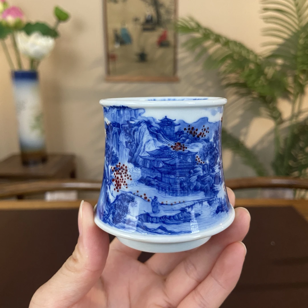 精工宋画山水釉里红主人杯 景德镇纯手工手绘主人杯