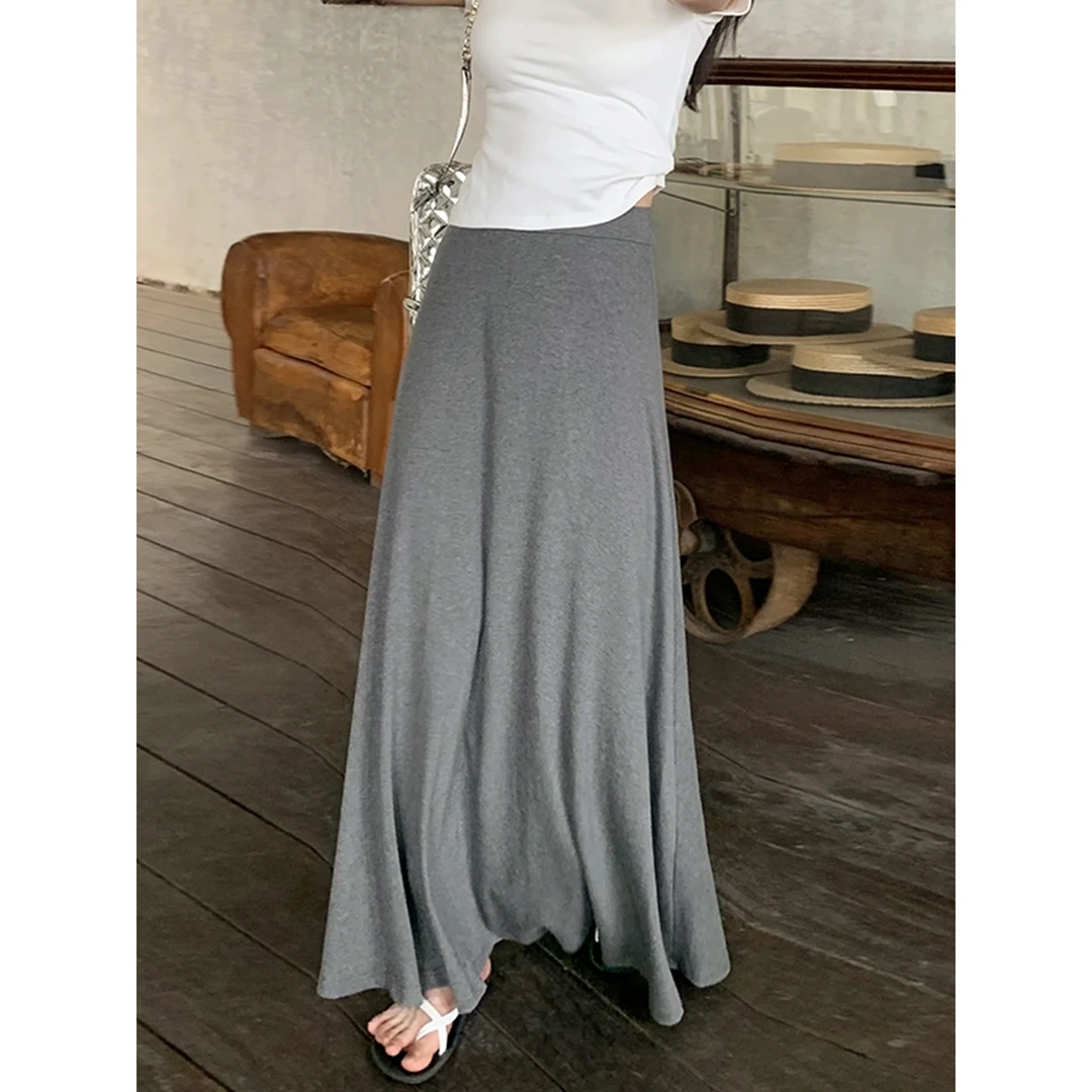 长裙慵懒纯色伞裙高腰薄款半身裙中长款辣妹风古风