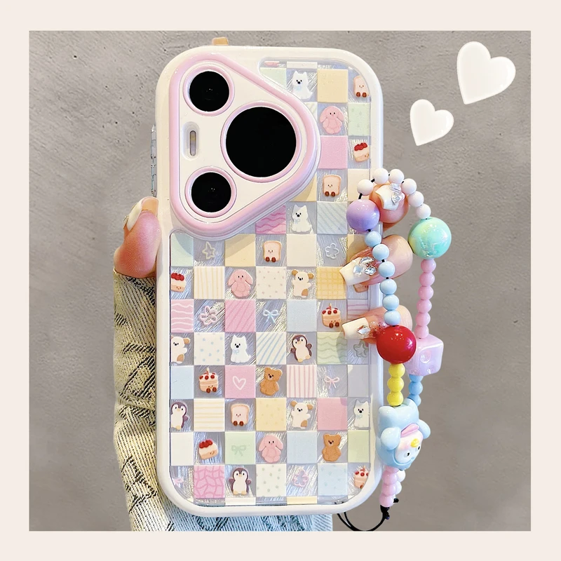 适用华为pura70pro+手机壳Ultra韩风p60可爱格纹动物mate70/60pro