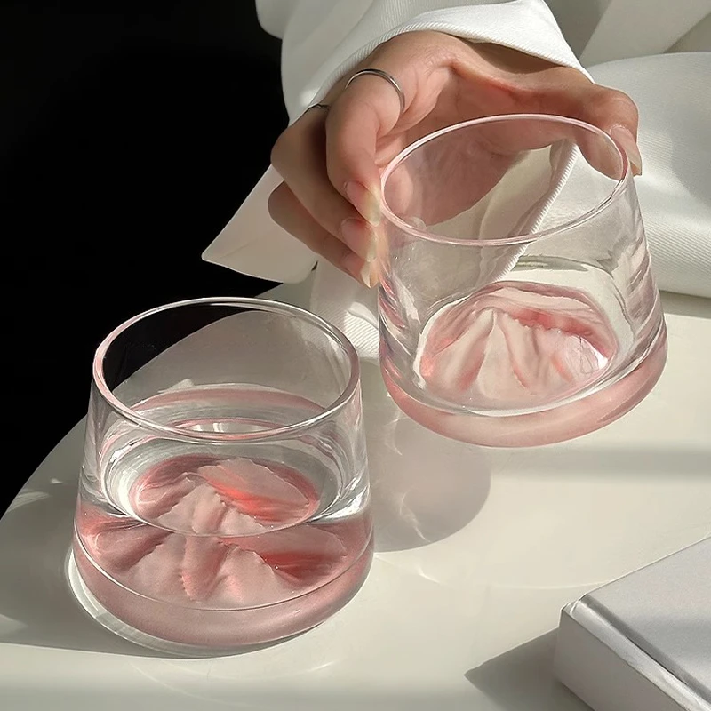 2个高颜值ins风富士山杯创意粉色山脉观山杯玻璃杯威士忌杯洋酒杯