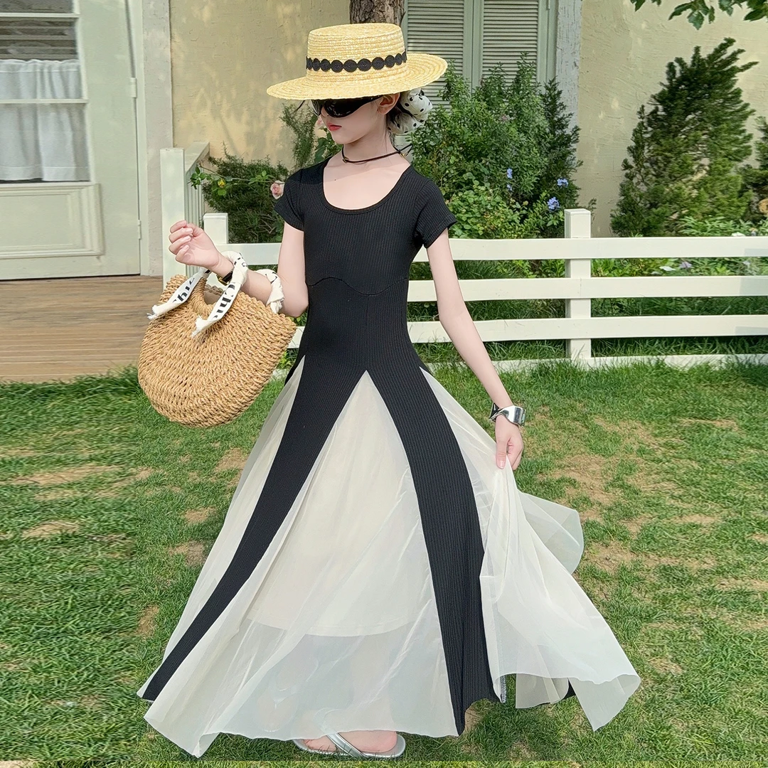 女童夏季拼接连衣裙法式长裙夏季大摆纯色赫本风拼接连衣裙小黑裙