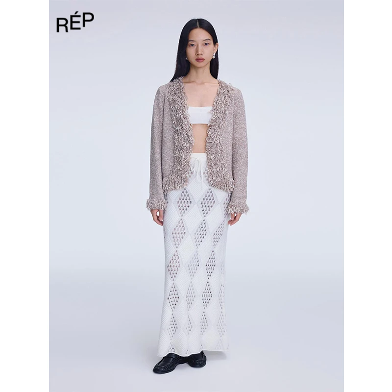 REP-TOMMY ZHONG设计师品牌燕麦色波西米亚流苏针织开衫 25FW女装