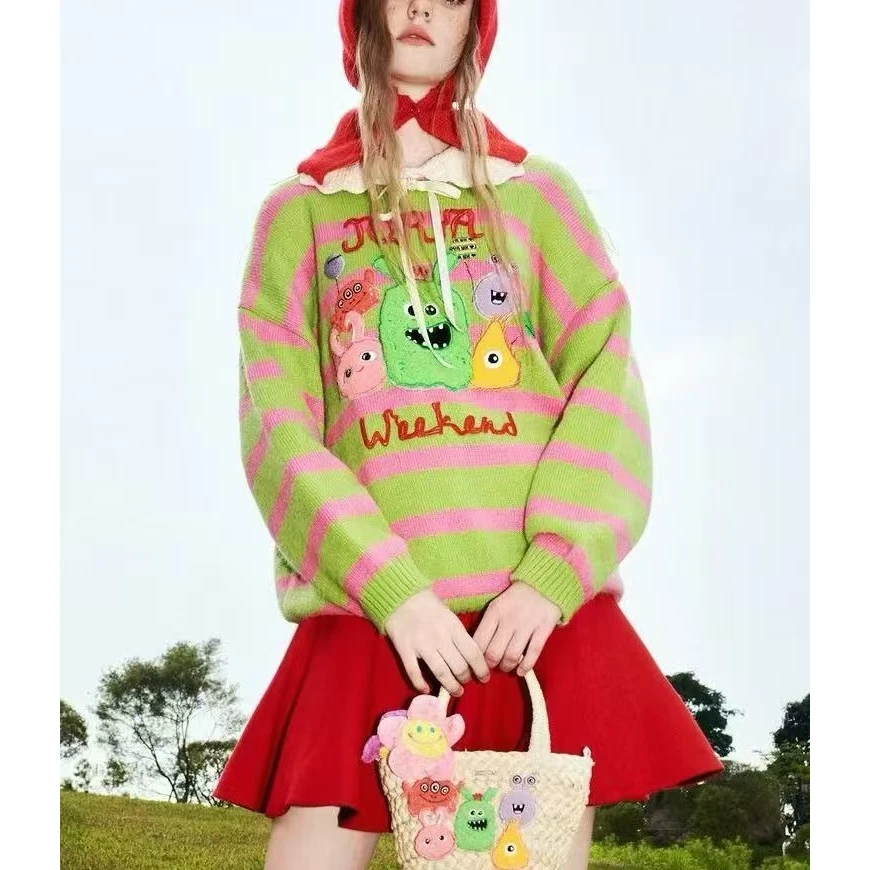 MY216冬季新款勾花娃娃领撞色条纹小怪兽毛针织衫