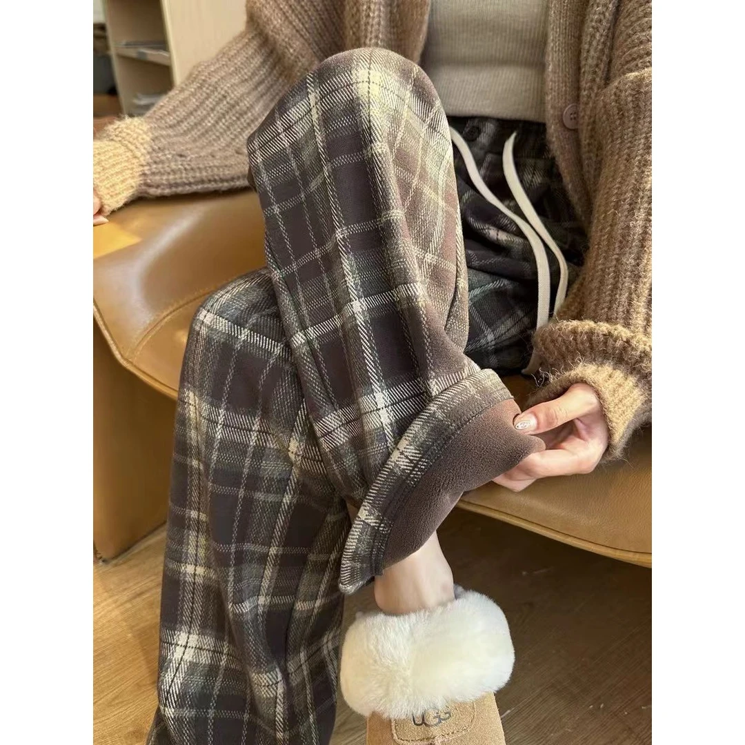 撞色加绒格子裤女春秋冬复古慵懒直筒裤高腰显瘦垂感格纹阔腿裤