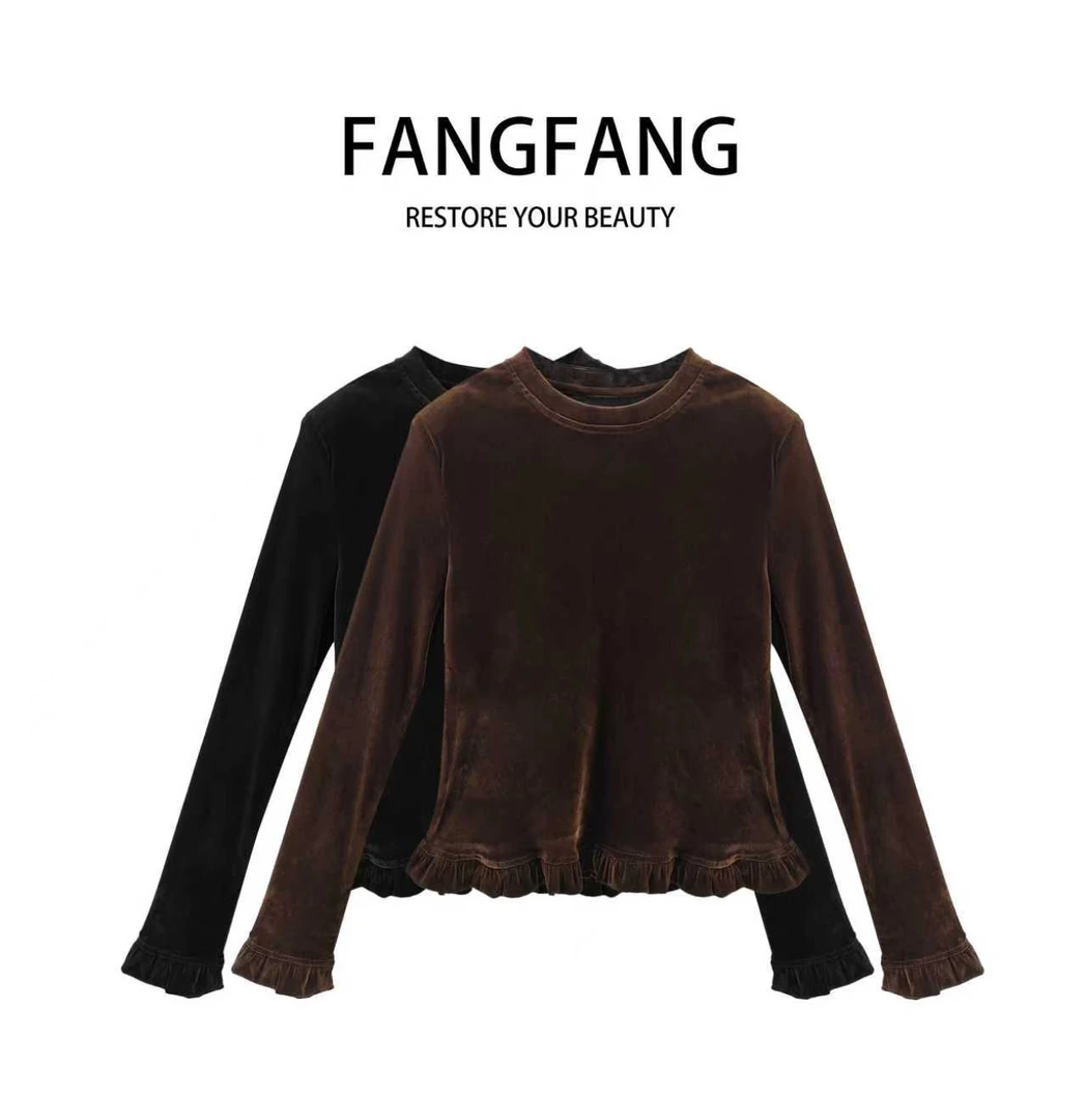 F.F秋季新款欧货设计感圆领花边百搭丝绒上衣女3878