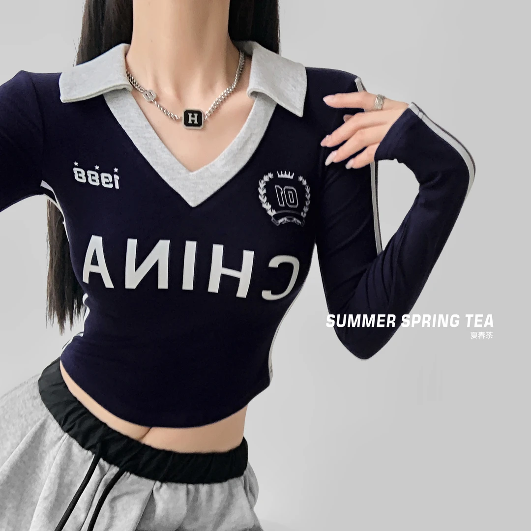 【夏春茶春季新款】美式辣妹运动风polot恤女新款修身收腰显瘦上衣