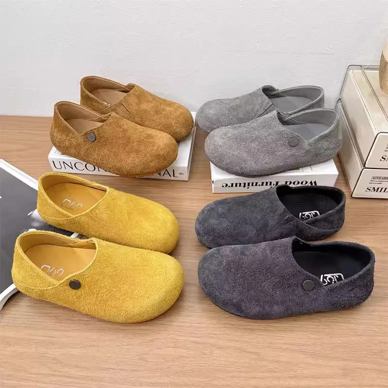 复古风乐福豆豆鞋女2025春季新款磨砂皮大头平底两穿休闲懒人鞋