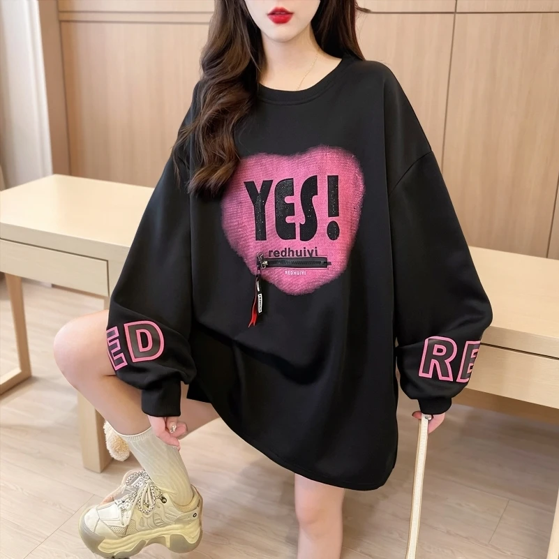 女韩版春秋卫衣薄款大码宽松时尚印花百搭休闲秋季圆领中长款