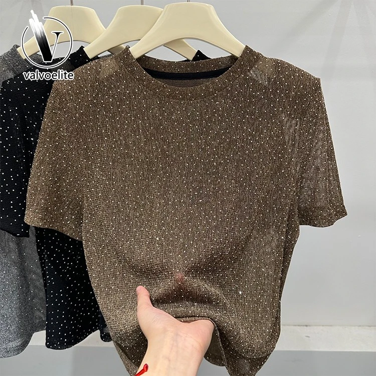 VALVOELITE韩版烫钻T恤女夏季短袖气质减龄显瘦网纱烫钻短款显瘦