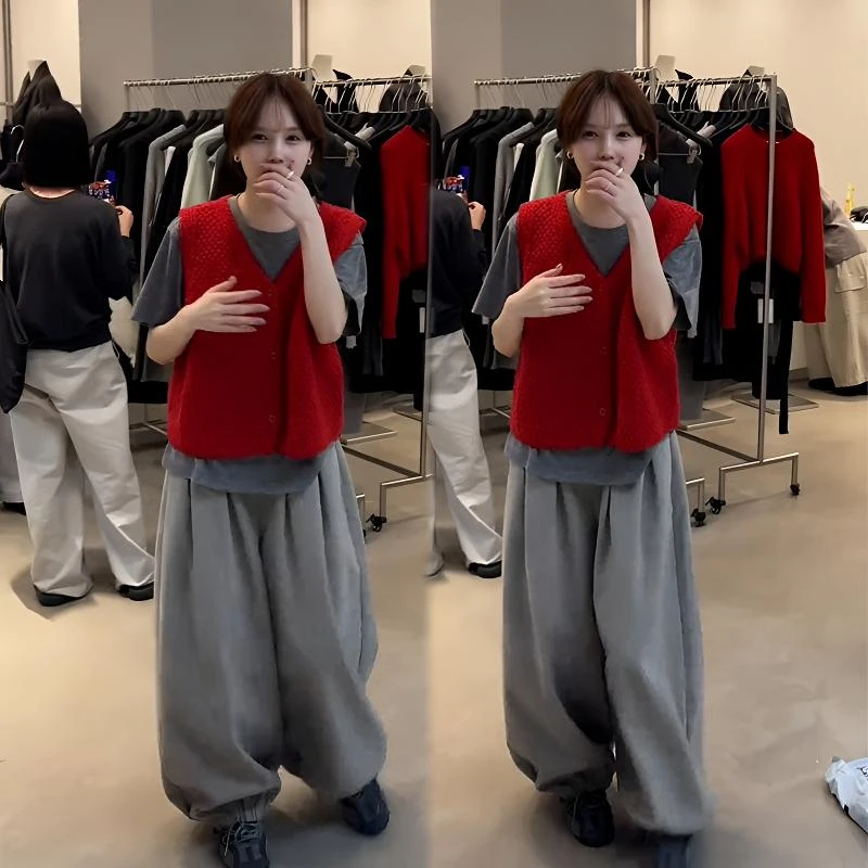 2025秋季新款设计感时尚百搭慵懒风马甲打底衫休闲阔腿裤三件套装