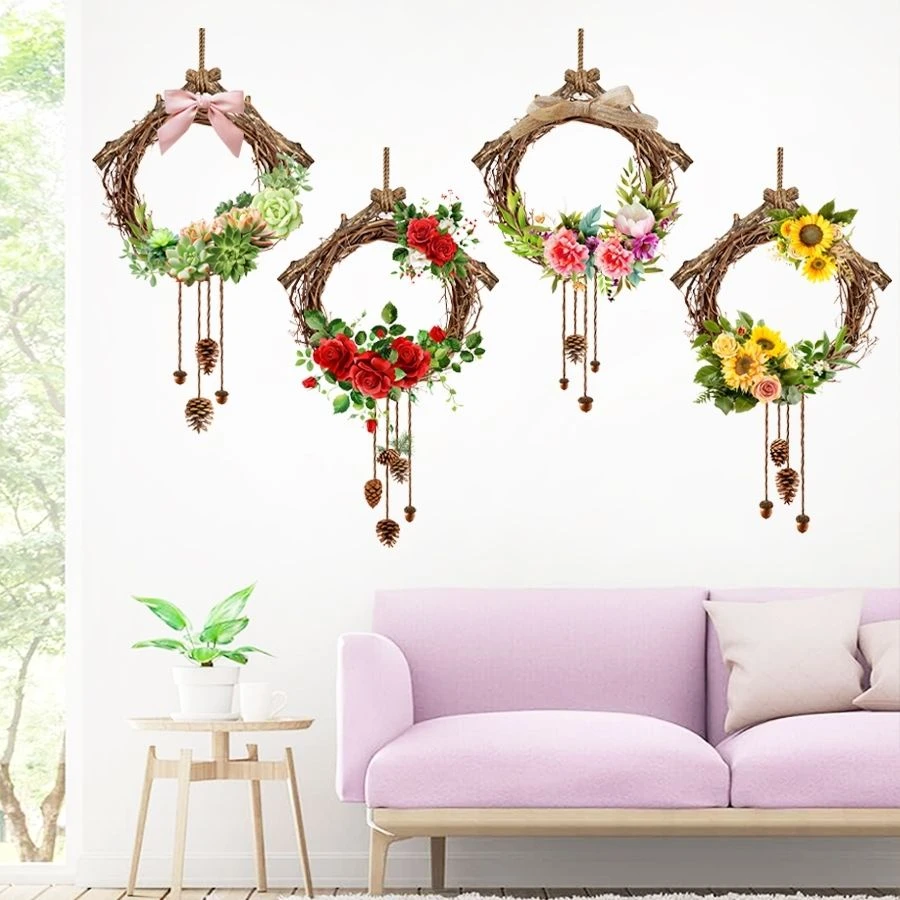 新款喜鹊蝴蝶小草玫瑰花篮自粘墙贴画客厅卧室防水可移除装饰壁画