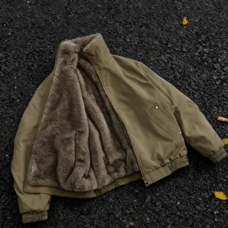 冬新款两面穿翻领美式复古水洗鱼骨纹牛津帆布银蓝狐座山雕外套