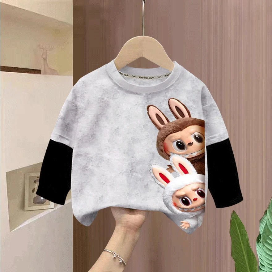 拉布布系列纯棉2025爆款纯棉长袖圆领t恤卡通男童女童卡通假两件t