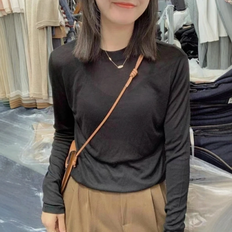 早秋新款灰色打底衫欧货百搭纯色上衣天丝针织衫亲肤打底面膜T恤
