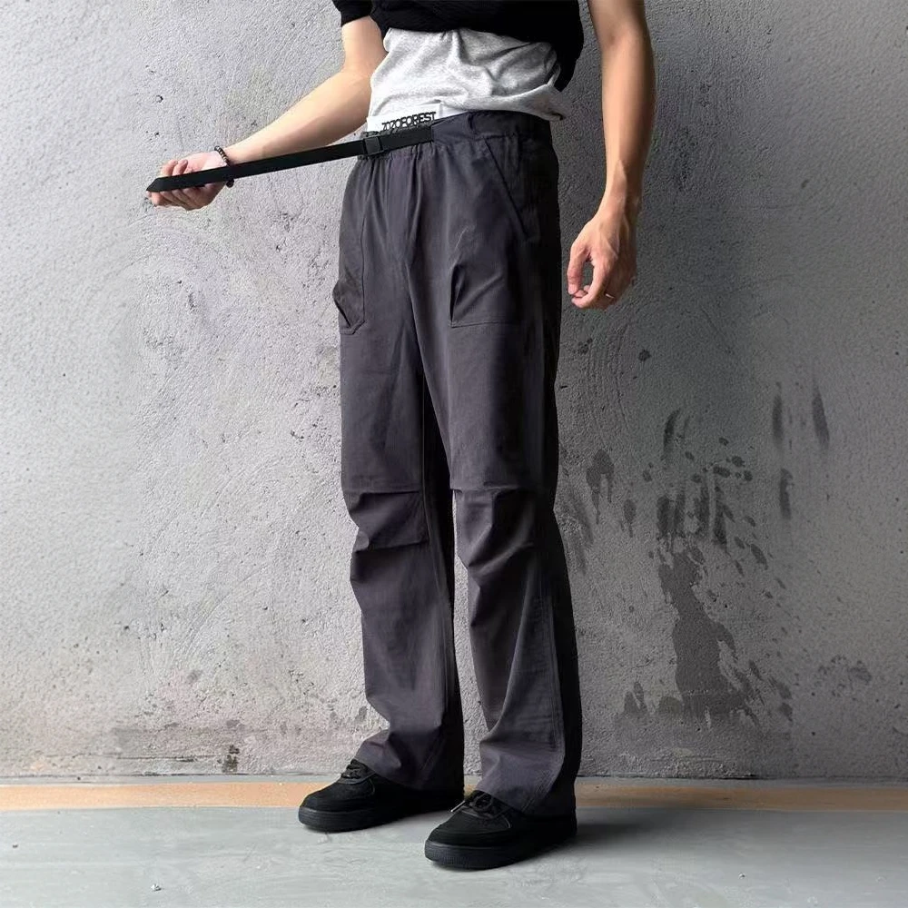 潮流时尚立体打褶休闲裤男士夏季新款可调节腰带百搭户外直筒长裤