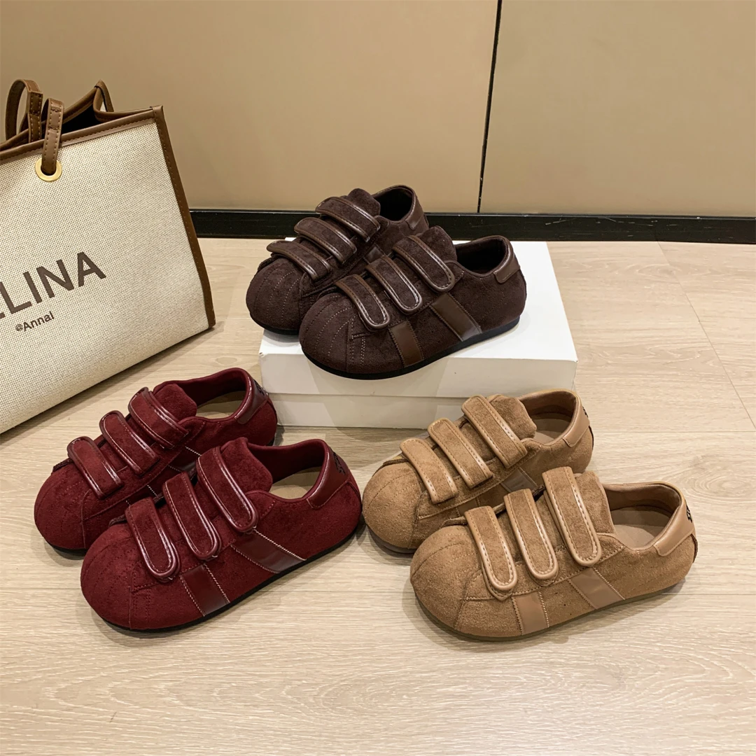 2025年新款磨砂厚底魔术贴网红爆款大头休闲板鞋德训鞋平底单鞋女