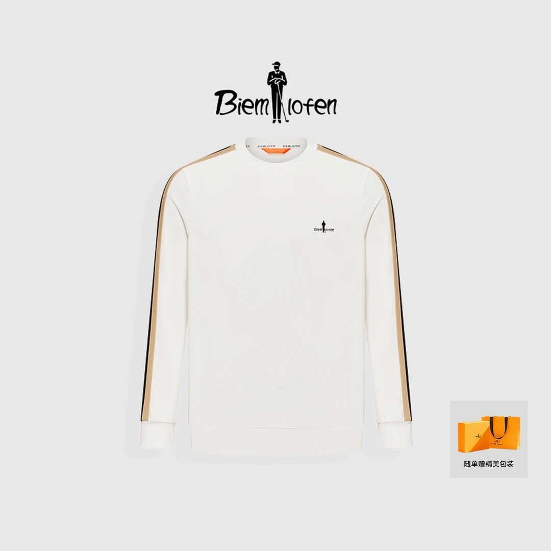 【清爽亲肤】比音勒芬春季新款撞色织带拼接男士圆领长袖t恤