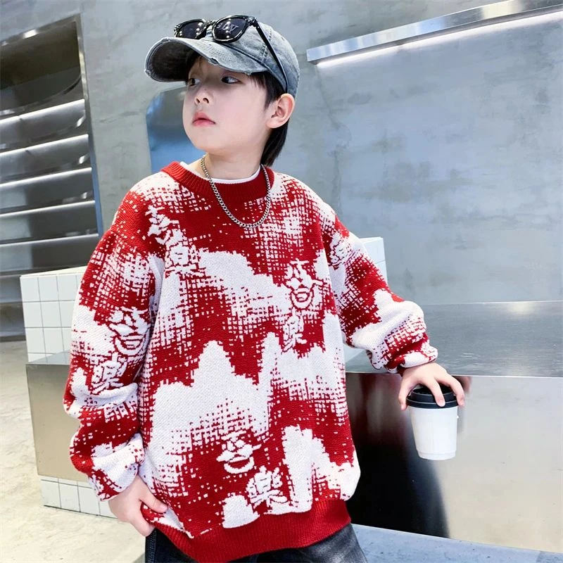 儿童装男童冬装加厚红色毛衣2025新款大童秋冬男孩冬季针织打底衫
