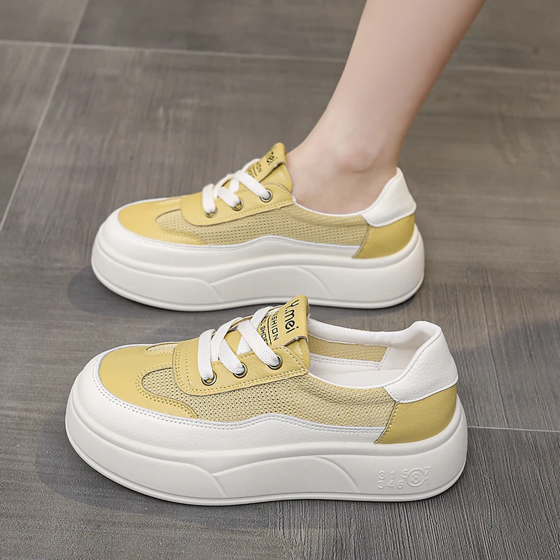 欧诺风2025夏季小白鞋网面透气系带厚底舒适百搭软底运动休闲板鞋