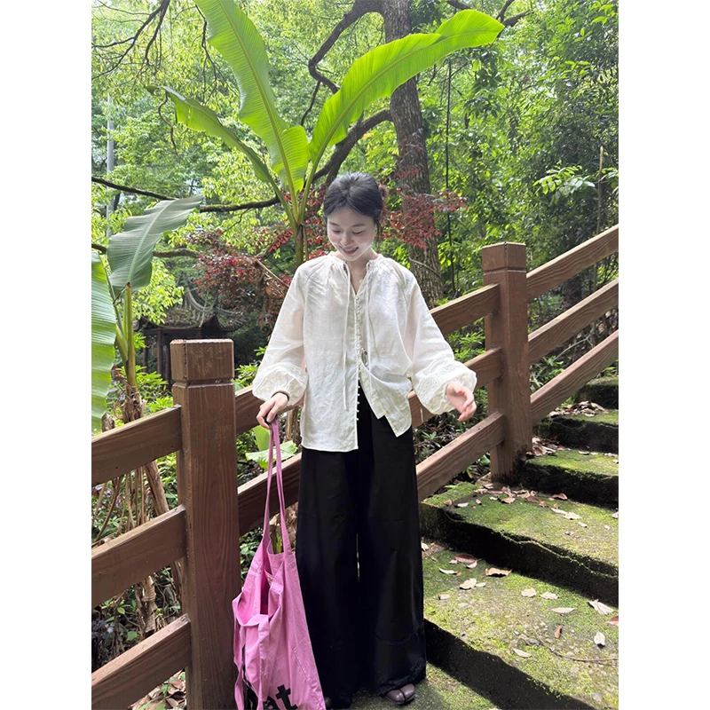 法式文艺灯笼袖衬衫外搭防晒开衫上衣舒适百搭阔腿裤垂感休闲裤女