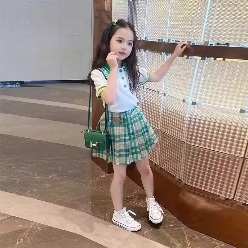 女童夏装学院风百褶裙jk套装夏季2024新款儿童格子短袖裙子两件套