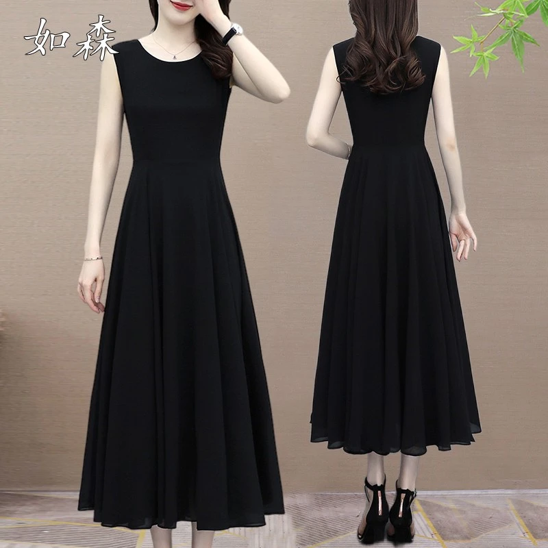 无袖高端雪纺长款连衣裙女夏季2025年新款妈妈气质洋气高贵长裙子