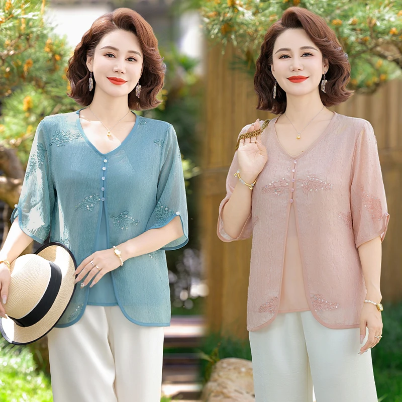 母亲节中年妈妈夏装中袖T恤上衣中老年女夏季洋气假两件小衫新款
