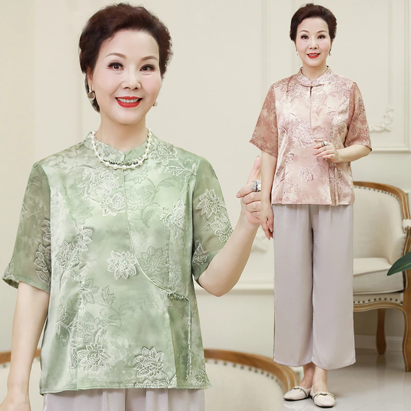 2025夏季新款盘扣国风妈妈装洋气质中老年人女两件套装T恤衫