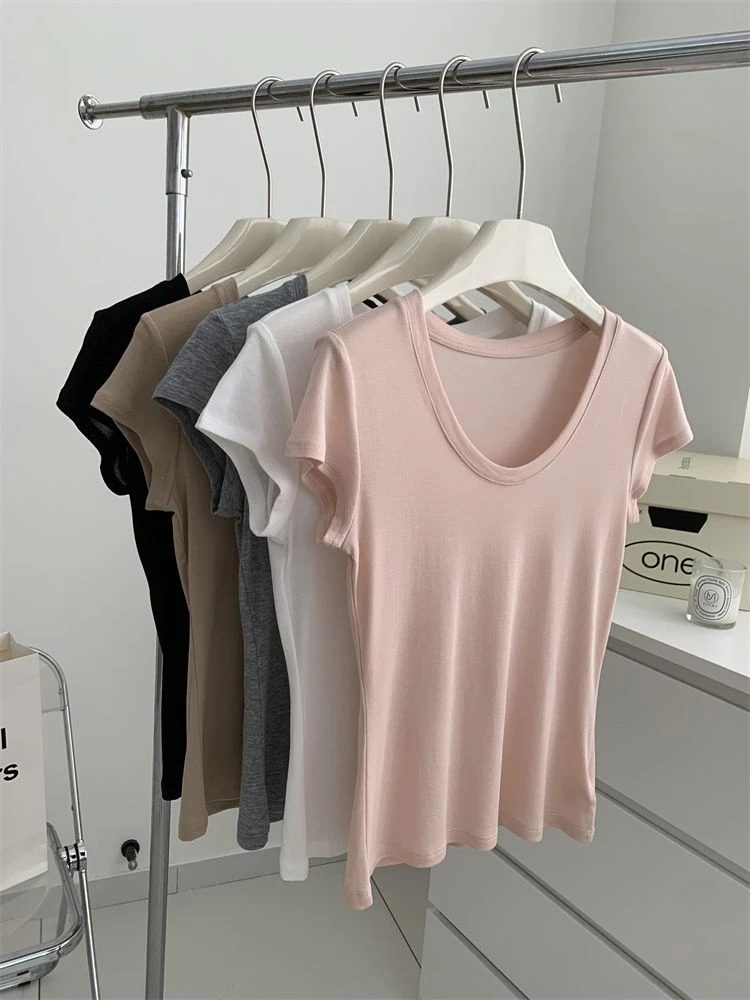 原版面料简约百搭休闲显瘦u领锁骨天丝小飞袖正肩T恤女夏季薄款
