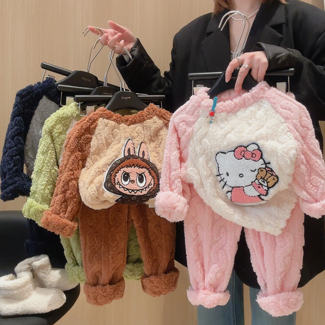 儿童秋冬季珊瑚绒家居服女童加厚法兰绒睡衣套装男童保暖韩版套装