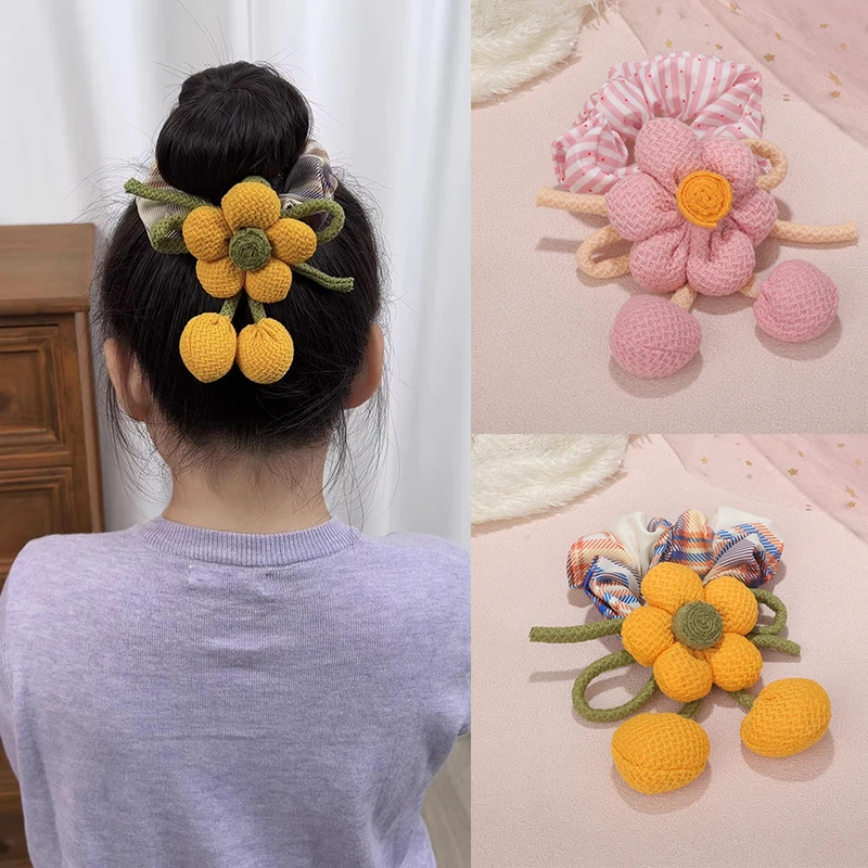 2025韩版立体花朵发圈儿童扎丸子头马尾森系发绳毛线毛绒发饰宝宝