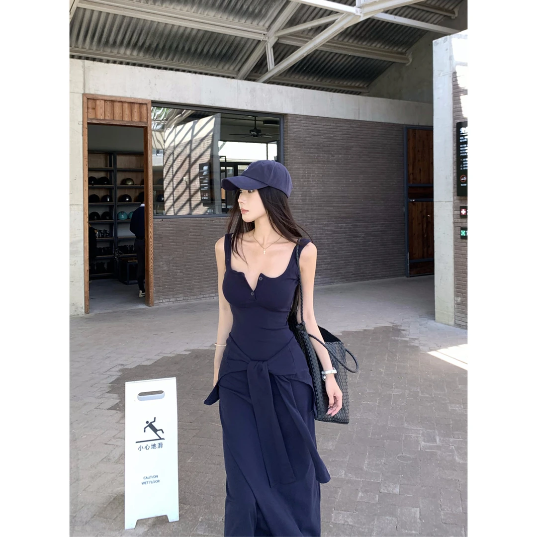 纯欲风带胸垫背心裙两穿披肩休闲修身连衣裙针织长裙女