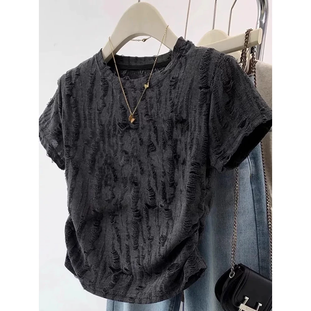 0038#【升级满钻】休闲磨毛破洞短袖T恤夏季新款舒适百搭短袖T恤女