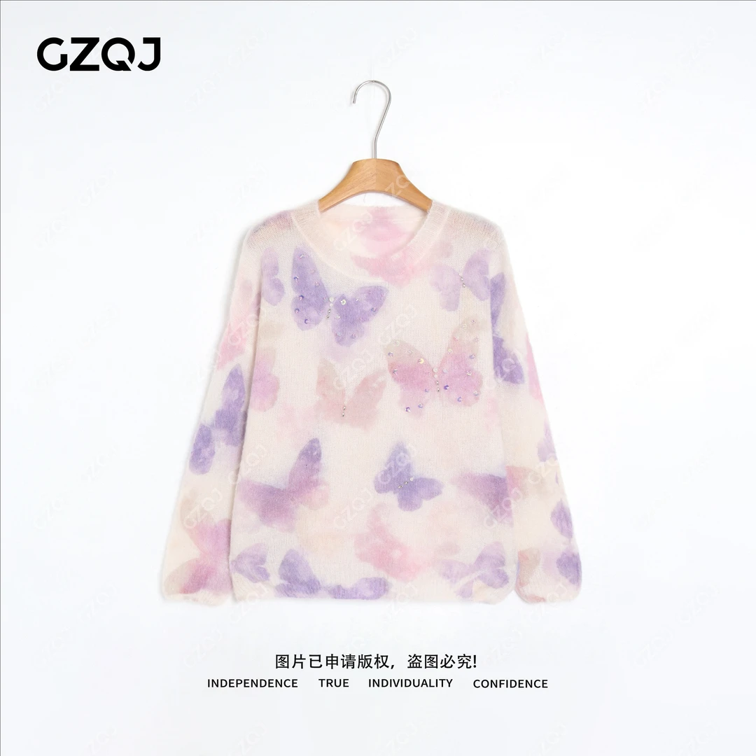 老琴私服【蝴蝶效应】琥珀流光风重工钉珠长袖圆领毛衣女秋新款9528