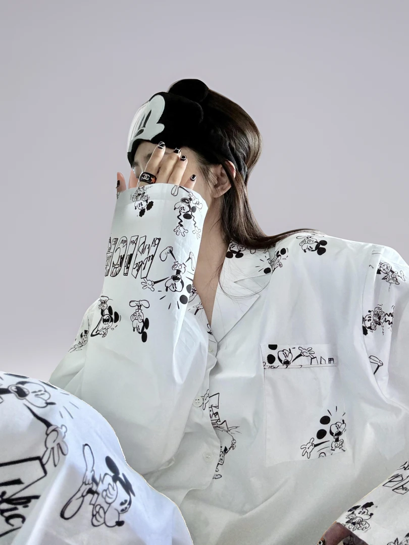 白色米奇卡通印花睡衣女春夏季2025新款甜美休闲家居服套装外穿