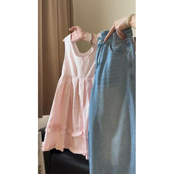 小个子甜美粉色蛋糕背心裙吊带连衣裙女夏季上衣+裤子两件套装