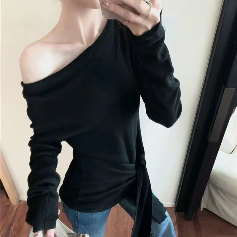 秋季新款慵懒风绑带长袖针织衫韩系一字领纯色女小众显瘦遮肉上衣