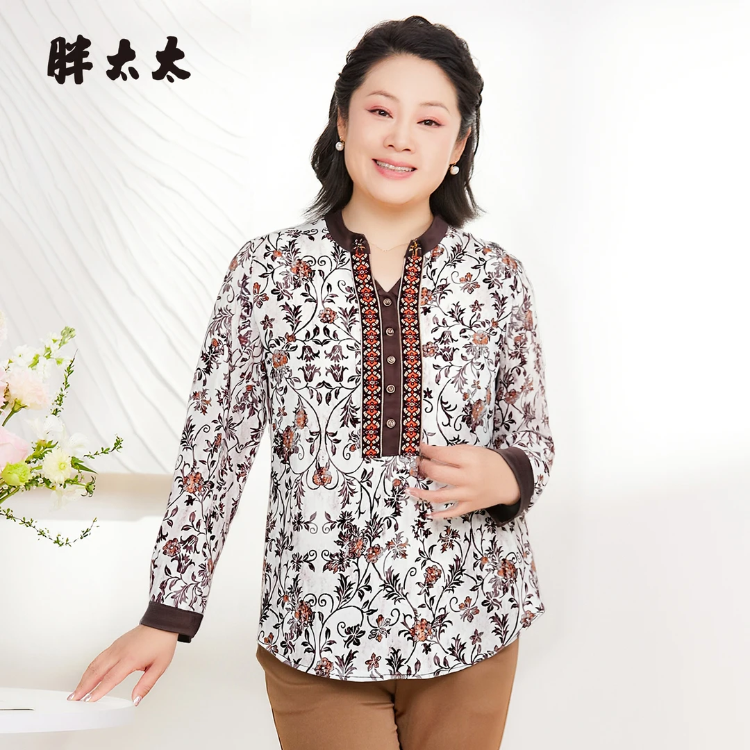 胖太太秋季新品印花时尚显瘦宽松长袖复古上衣女衬衫825312510
