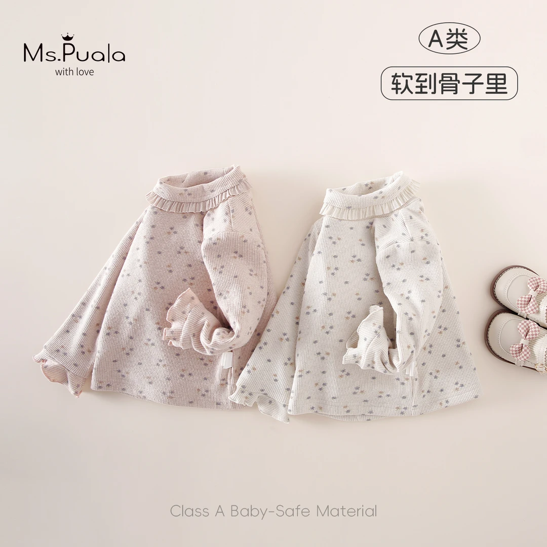 【MsPuala花信子】婴幼儿童衣服秋冬款女加绒碎花棉质蕾丝边打底衫