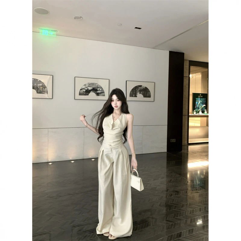 设计感荡领纯欲挂脖系带背心阔腿裤两件套女夏高级感休闲拖地长裤