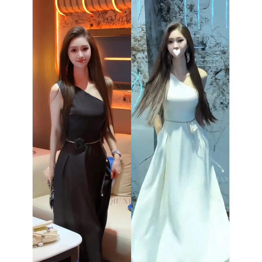 【耀眼可媚】斜肩无袖收腰显瘦气质轻奢高级连衣裙