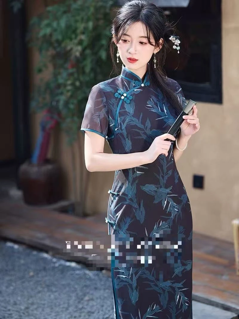 0775 黑色 【蓝叶子】 葫芦扣 韵味 旗袍