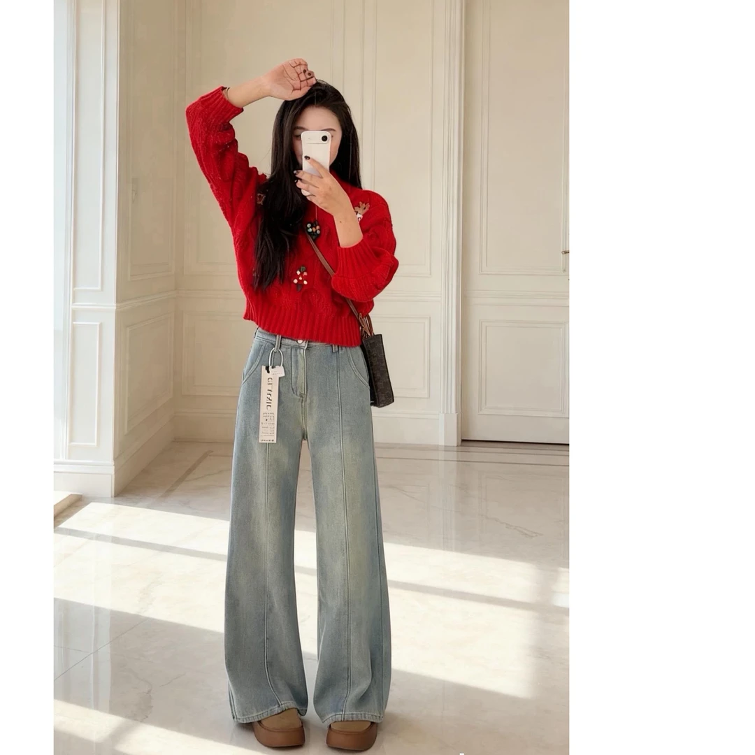 挺缘高腰牛仔裤女2025年秋冬新款加绒慵懒加厚宽松时尚直筒拖地裤