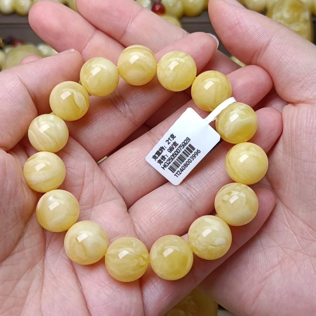 未镶嵌蜜蜡手链13圆珠浓蜡白花蜡手围15.5